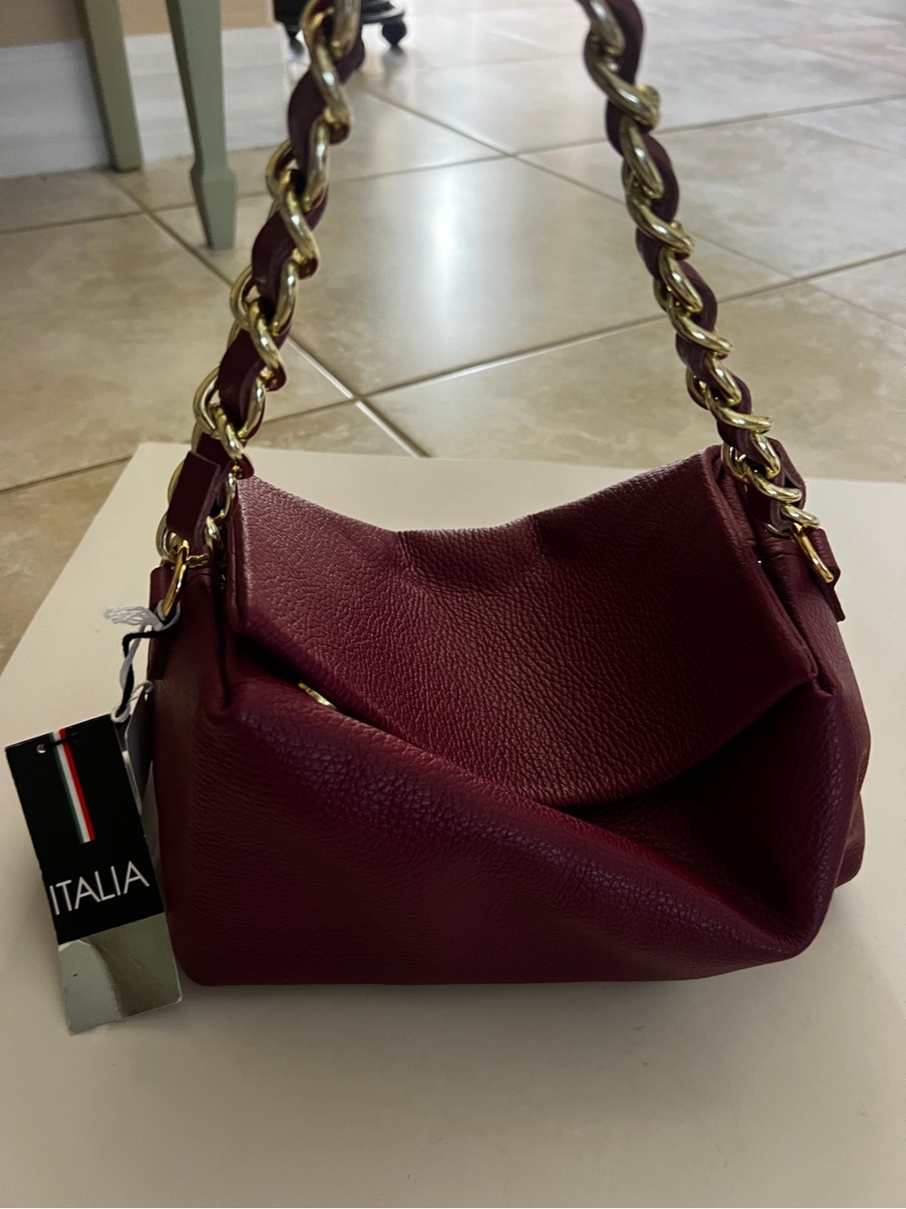 NWT Italian Isadora Plum Leather Shoulder Bag with Gold Chain Strap